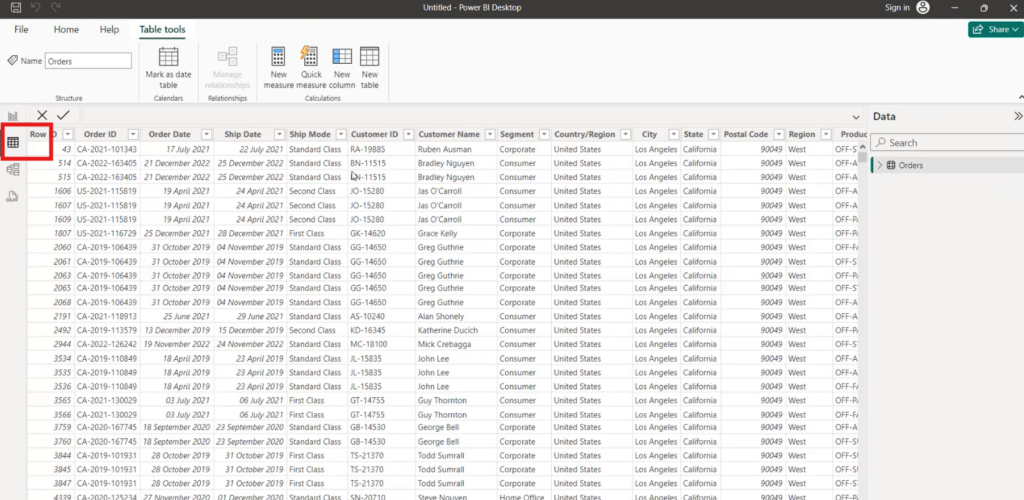 Power BI Interface - Table View