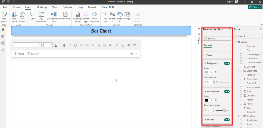 Power BI Desktop - Format Text Box Options