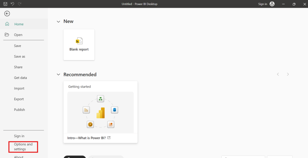 Power BI - File Menu - Options and settings