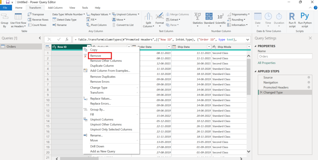 Power Query - Remove Columns