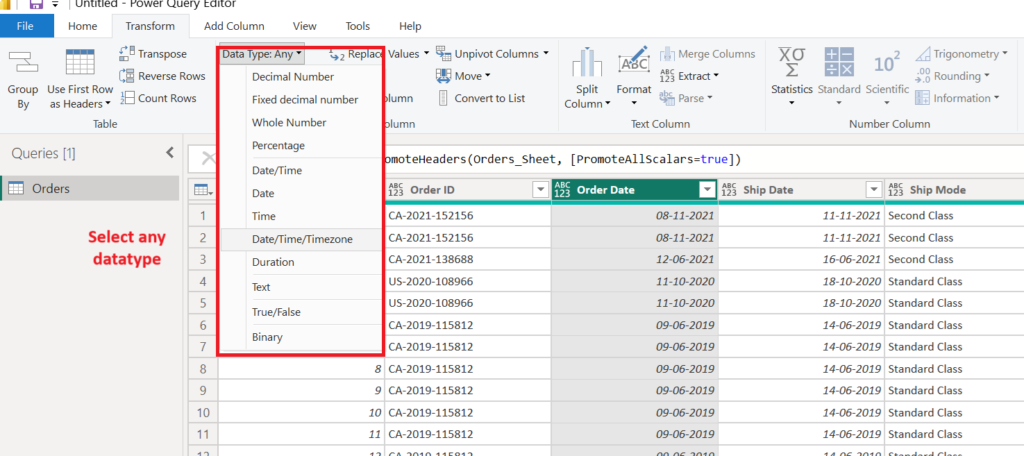 Power Query - Select Datatype