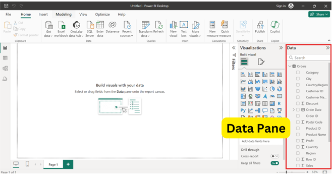 Power BI Interface - Data Pane